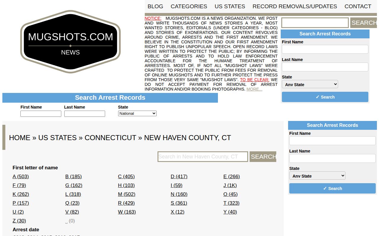 Apparently stale unofficial New Haven County mugshot records page