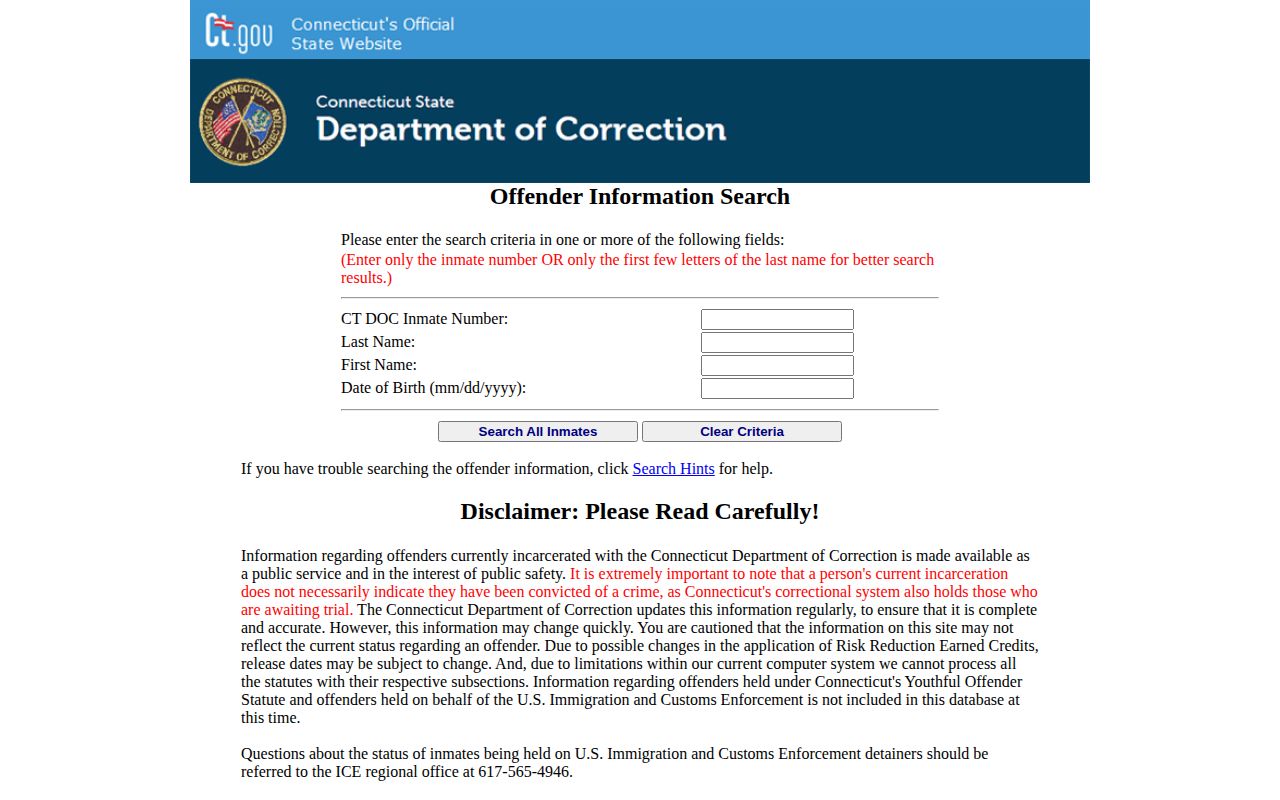 Connecticut DOC Meriden custody and inmate record search form