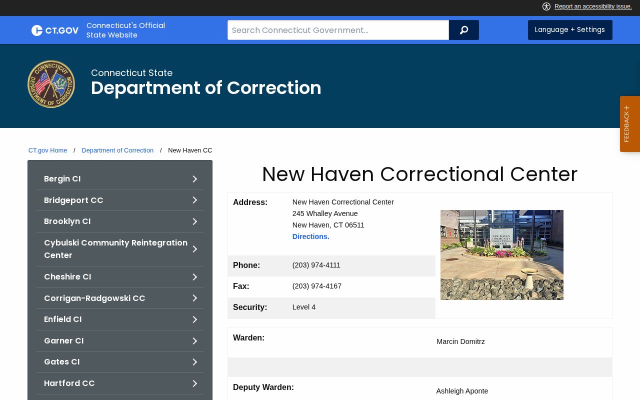 Connecticut DOC New Haven Correctional Center page for Meriden pretrial custody records